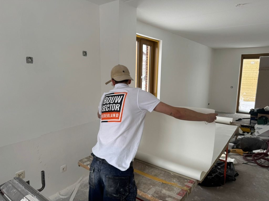 Vakman van Bouwsector Nederland brengt een baan renovlies aan in een nieuwe woning